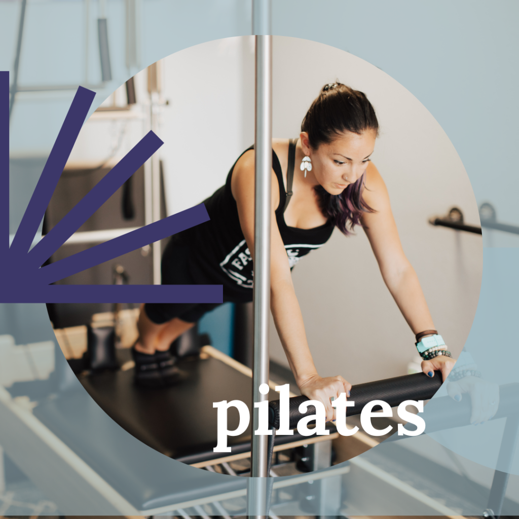 Purple and grey designs overlaid over a woman wearing black doing a plank on a Pilates reformer