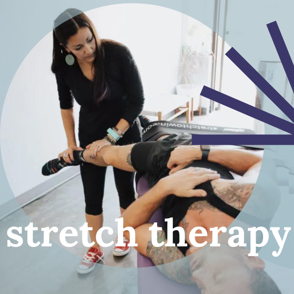 purple and gray designs overlaid over a picture of a muscular tattooed man being stretched by a stretch therapist wearing all black