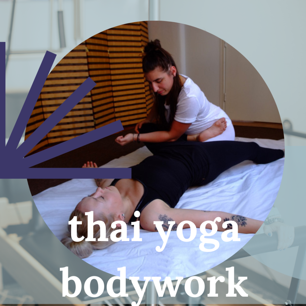 purple and grey designs overlaid over a picture of a woman in black fitness clothing being stretched by a Thai Yoga practitioner