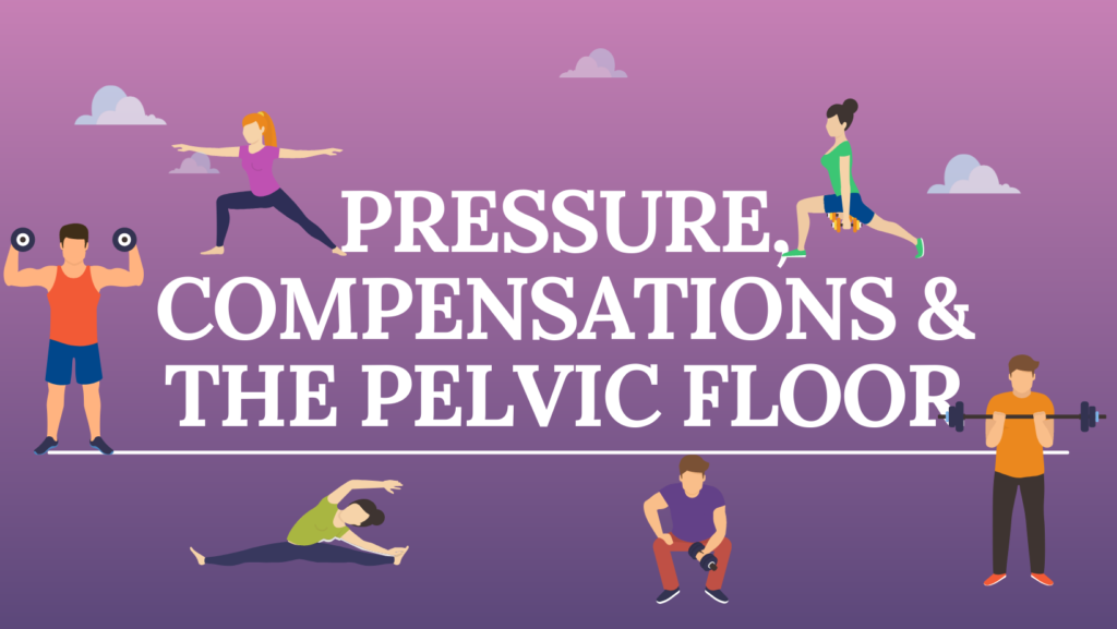 cartoon people exercising on a purple background over the words "pressure, compensations & the pelvic floor"